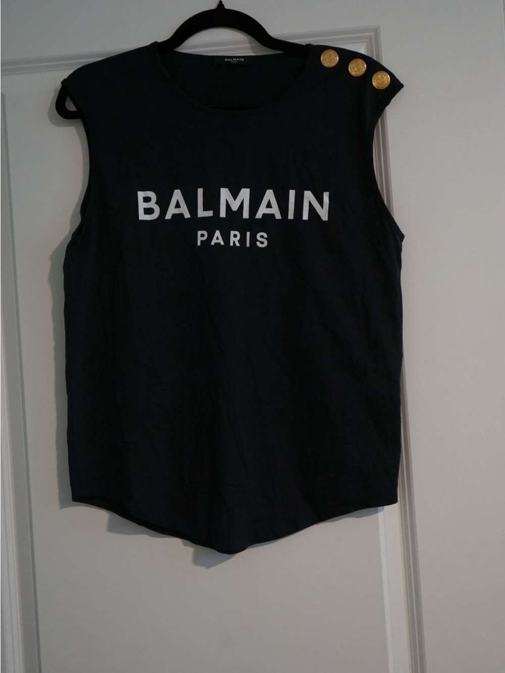 Balmain Black Sleeveless Muscle Tee with Gold Button Accents